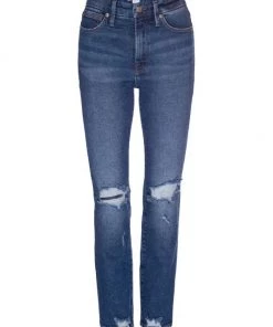 GOOD AMERICAN Good Straight Mid-Rise Distressed Stretch Straight-Leg Jeans